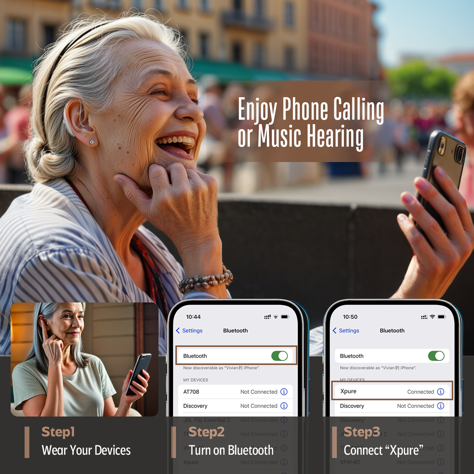 Elderly woman enjoying phone call with Vivtone Xpure hearing aids and bluetooth